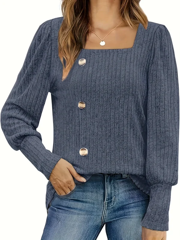 Maglione lavorato a maglia a costine con collo quadrato solido, maglione diviso a maniche lunghe con bottoni casual per la primavera e l'autunno, abbigliamento da donna 4