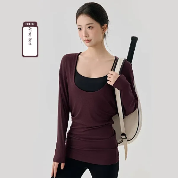 T-shirt da allenamento a pipistrello a maniche lunghe con scollo a U oversize da donna T-shirt da allenamento ampia con copertura per esercizi sui fianchi T-shirt da palestra per pilates 2