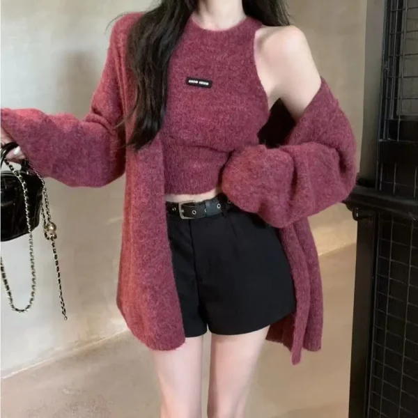 Set due pezzi maglione cardigan lavorato a maglia autunno e inverno, gilet lavorato a maglia di fascia alta autunno e inverno, lavorato a maglia pigro ed elegante 5