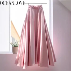 OCEANLOVE Gonne in raso Donna A-line Primavera Estate Solido stile francese Elegante Faldas Mujer Gonna lunga dolce a vita alta vintage 1