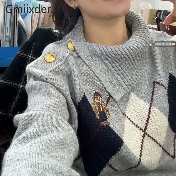 Modello stile college collo alto maglione lavorato a maglia allentato irregolare pullover da donna ricamato moda sottile autunno inverno nuovo top 1