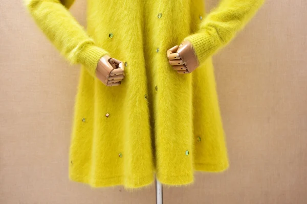 Donna Mujer Autunno Inverno Vestiti Moda Perline Visone peloso Cashmere Lavorato a maglia O-Collo Maniche lunghe Abito maglione maglione medio lungo 4