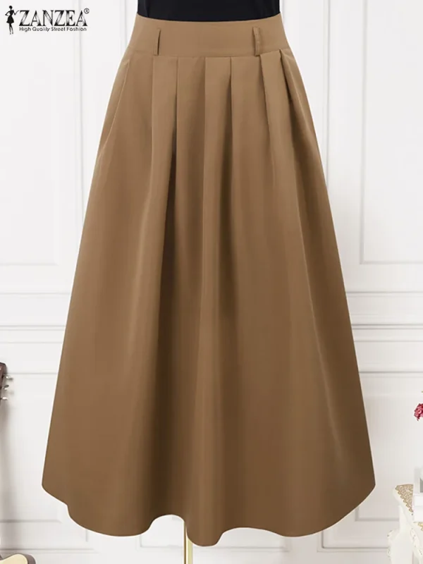 ZANZEA donna vita alta Jupe2024 primavera Vintage ufficio Falda moda coreana gonna a pieghe altalena vacanza allentata Maxi gonna solida 5