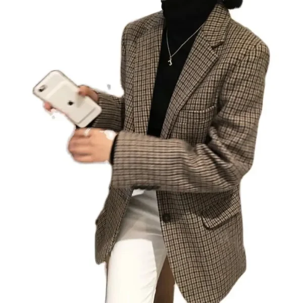 Giacca da abito in lana scozzese retrò Abbigliamento donna 2024 Primavera Autunno Blazer di grandi dimensioni Abito scozzese sottile da donna grasso Mm Nuovo nel cappotto 5