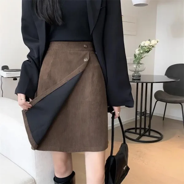 Gonna a trapezio vintage in velluto a coste con cerniera a vita alta Autunno Inverno Slim Solid All-match Mezza gonna coreana Tendenza Moda Abbigliamento donna 3