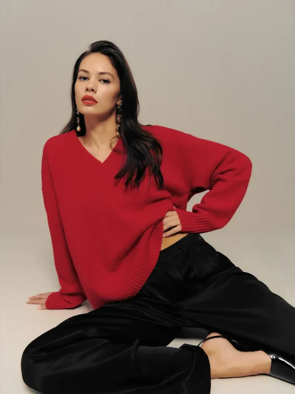100% maglione di pura lana autunno/inverno nuovo casual tinta unita lavorato a maglia top con scollo a v camicetta con base pullover sciolto da donna 3