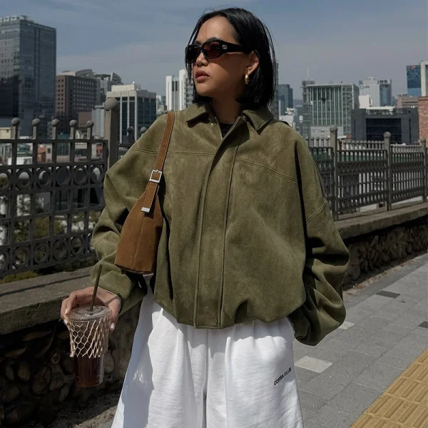 HXAO Giacca bomber da donna Giacca in pelle scamosciata con cerniera a maniche lunghe con risvolto Donna 2025 High Street Giacche da corsa corte Cappotti Capispalla 5