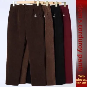 Pantaloni di velluto a coste ispessiti per donna Primavera Autunno Inverno Pantaloni a gamba dritta a vita alta Pantaloni larghi comodi 1