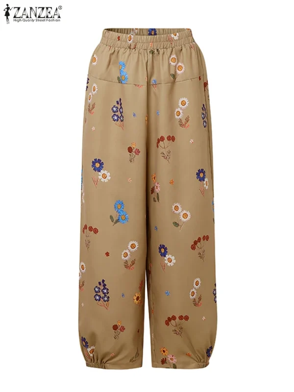 ZANZEA 2025 Pantaloni con stampa floreale moda Donna Pantaloni lunghi Harem vintage Pantaloni elastici in vita Autunno Casual Pantaloni larghi 4