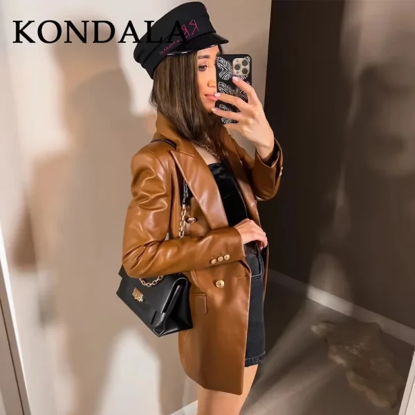 KONDALA 2025 Autunno Inverno Office Lady PU Blazer Moda Vintage Solid Doppio Petto Coprispalle Casual Chic Elegante Donna Blazer 3