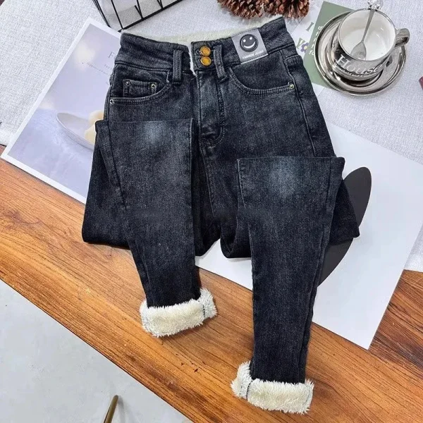 Jeans a matita slim in lana d'agnello calda Vaqueros skinny in peluche da donna Pantaloni in denim in pile addensato a vita alta vintage Legging in velluto casual 4