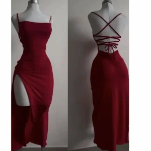 Deeptown Lace-up Irregolare Split Abito lungo Donna Sexy Rosso Party Abito longuette Estate Halter Strap Spice Girl Bag Hip Vestiti Solido 1