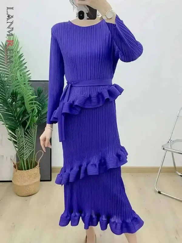 LANMREM Elegante Pieghettato Increspature Vestito Delle Donne Girocollo Cintura Raccolta Vita Abiti di Colore Solido Moda 2025 Primavera Nuovo 2AA3942 2