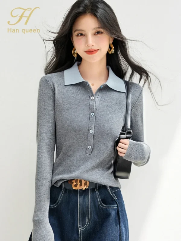 H Han Queen 2025 Abiti autunnali di base Pullover Maglione da donna semplice Elasticità elegante Top da donna casual coreano a maniche lunghe 4