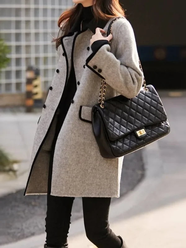 Onecozyday Cappotto doppiopetto grigio da donna Colletto dentellato Maniche lunghe Capispalla larghi 2025 Autunno Nuovi cappotti di tweed 2
