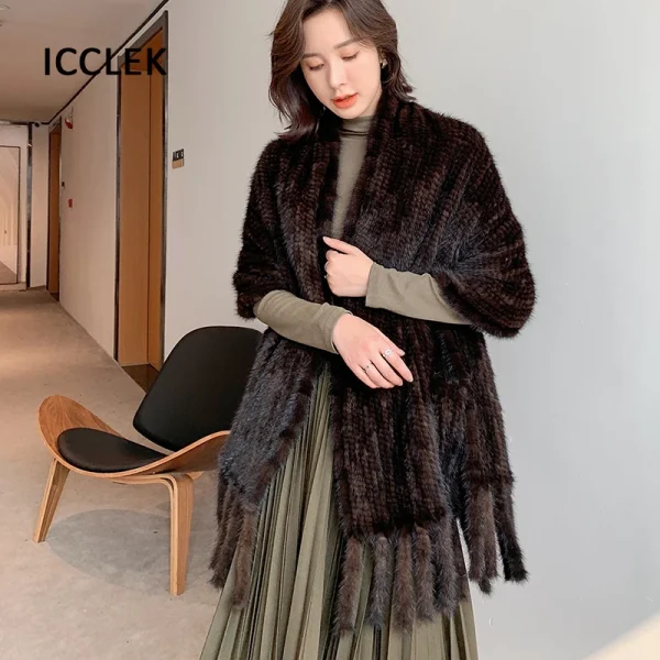 Scialle di pelliccia di visone Donna Inverno Caldo di lusso Sciarpa di pelliccia di grandi dimensioni Sciarpe di pelliccia lavorate a maglia da donna Avvolge Scialli da sposa per feste serali 3