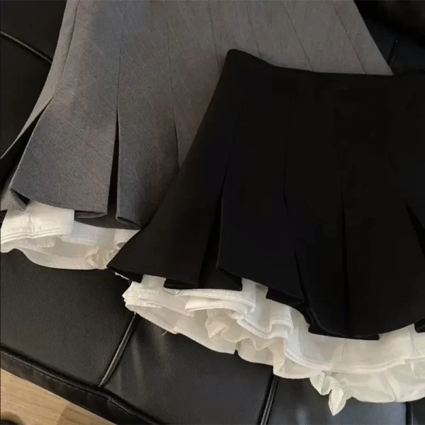 Mooyufon Ruffles Minigonna nera Donna Patchwork coreano Gonne a pieghe Kawaii giapponese a vita alta All Match A Line Gonna Nuovo 3