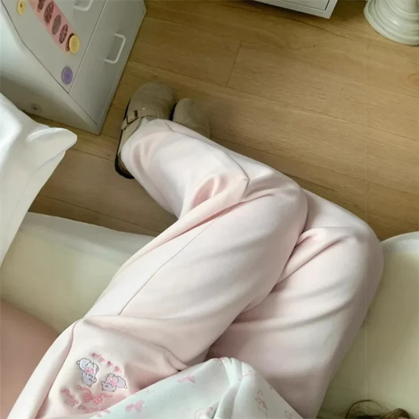 Pantaloni casual foderati in pile ricamati simpatico cartone animato Pantaloni da donna a vita alta dimagranti a gamba larga Pantaloni lunghi fino al pavimento Autunno Inverno Nuovo St 2