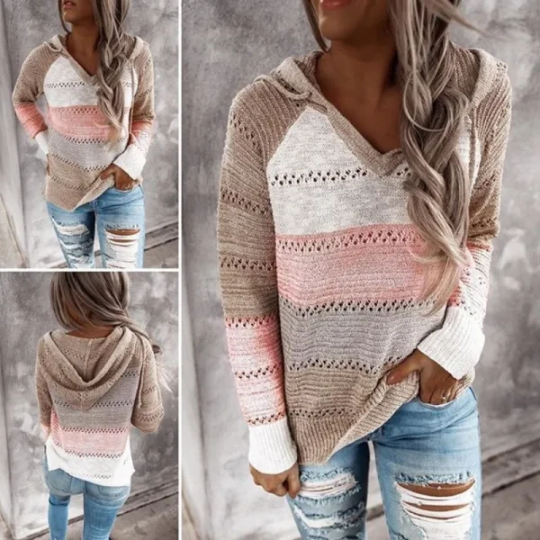Maglione con cappuccio Patchwork da donna maglione lavorato a maglia a maniche lunghe Casual maglioni Pullover eleganti a righe autunno inverno Plus Size 3