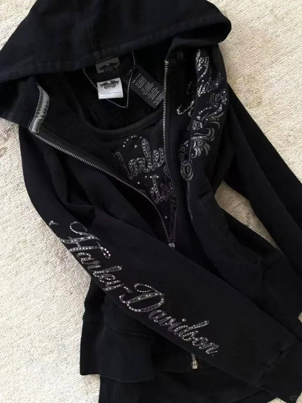 Y2K Felpa con coulisse design gotico con cerniera nera Giacca da donna Cappotto Harajuku Lettera Grafica Felpa con cappuccio sottile sexy Abbigliamento autunnale 3