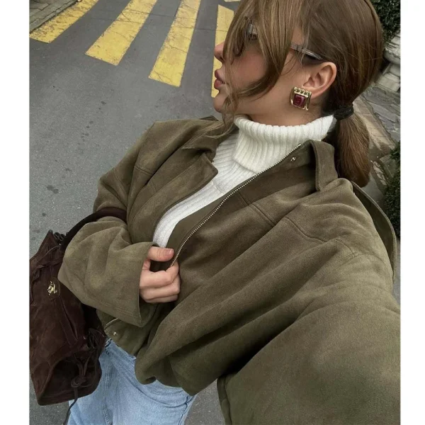 MUJER 2025 Giubbotti bomber in pelle scamosciata da donna Capispalla Giacca oversize Donna Streetwear Zip Cappotti da donna Giacche college imbottite 3