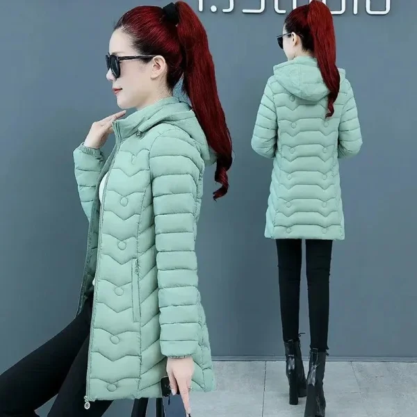 Nuovo Autunno inverno Parka Giacca imbottita calda moda donna Manica lunga con cappuccio Cappotto di cotone di media lunghezza femminile tuta sportiva sottile T528 2