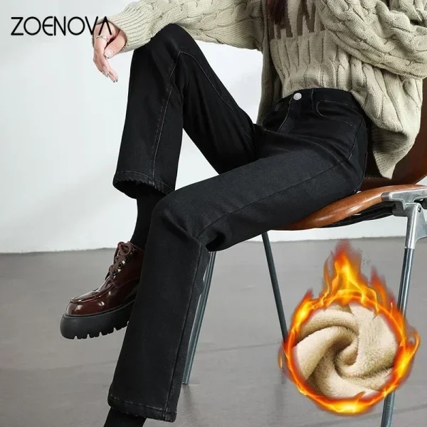 ZOENOVA Jeans caldi in pile invernale da donna Pantaloni in denim caldo ispessito in cotone elastico dritto sottile retrò Abbigliamento femminile di moda 6