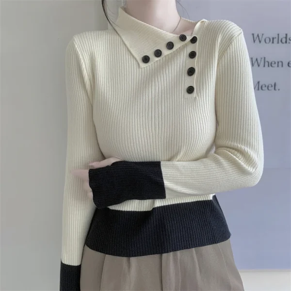 Nuovi arrivi inverno autunno donna T-shirt in maglia maniche logn con fori per le dita slim fit colletto bia bottoni decorativi top da donna 2