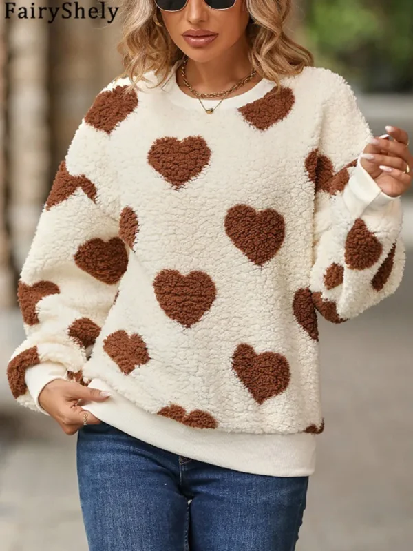 Fairyshely 2025 Inverno Love Print Felpe con cappuccio larghe da donna Felpa con stampa a maniche lunghe Allentato Casual Autunno Lady Felpa con cappuccio in peluche Top 1