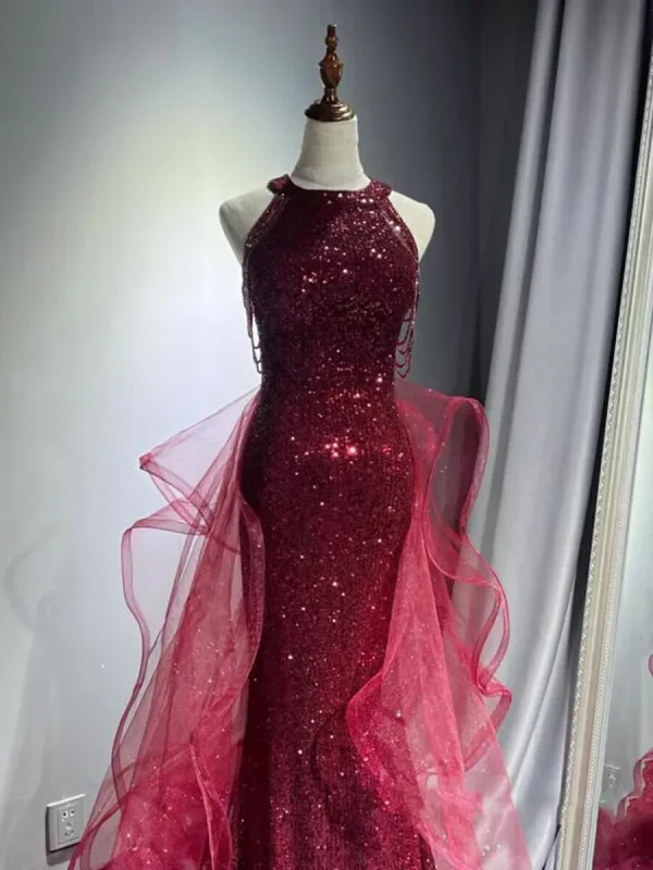 Abiti da sera eleganti blu navy scintillanti Halt Abito da festa con perline Abito da ballo personalizzato 2025 Abiti da sera a strati Sweep Train 5