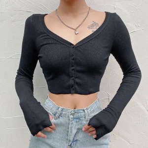 Maglietta lavorata a maglia nera con scollo a v manica lunga Crop Top donna Y2k vestiti primavera autunno Streetwear bottone Sexy maglietta corta donna 2024 1