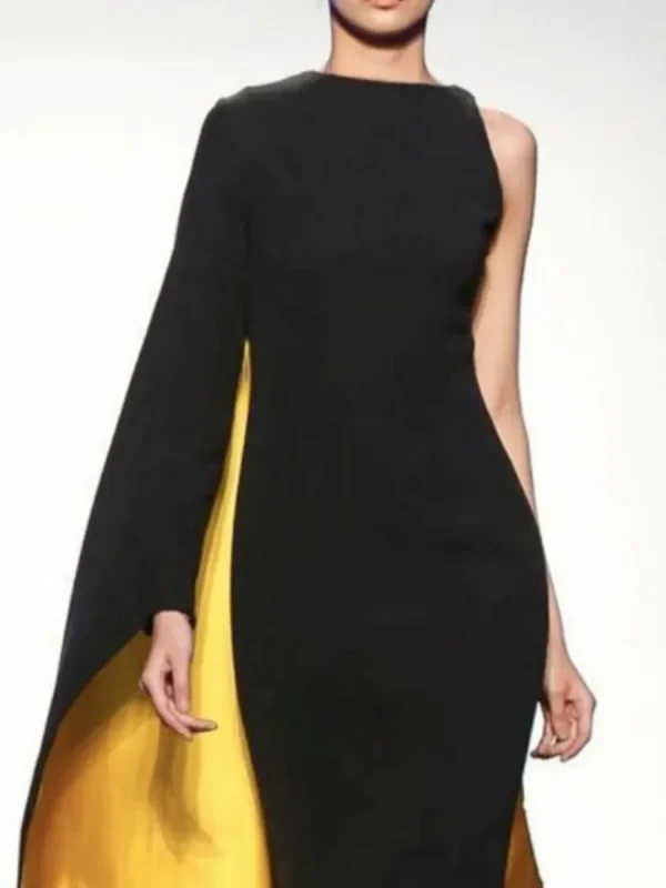 Onecozyday Abito lungo monospalla da donna in colore a contrasto Nero e oro Girocollo Slim Fit Abiti da sera a vita alta 2