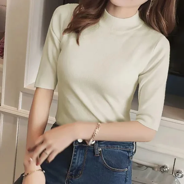 Top da donna in tinta unita con colletto alla coreana, mezza manica, casual, sottile, in maglia elastica alta, basic, morbido, autunno/primavera 3