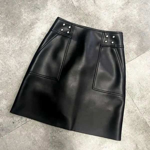 Moda coreana autunno inverno donna tasca con cerniera solida temperamento ufficio signora chic gonna a vita alta corta sottile a trapezio in pelle PU 3