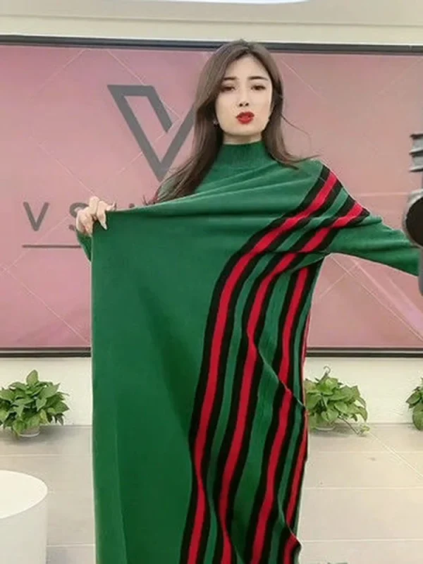 Maglieria casual a strisce Abiti midi larghi Elegante mezzo dolcevita Abito lavorato a maglia Maglione Autunno Inverno Abiti da donna coreani 6