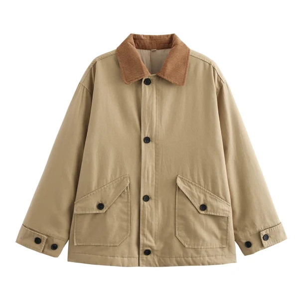 Giacca da donna con risvolto monopetto con design a colori patchwork, nuova giacca in cotone caldo a maniche lunghe stile retrò casual 5