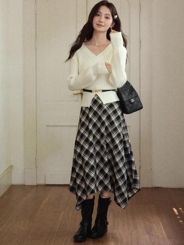 ALXNAN Gonna irregolare scozzese nera Donna Elegante lunga A-line Gonne longuette a quadretti 2025 Autunno Inverno Abbigliamento femminile L57278-1 3