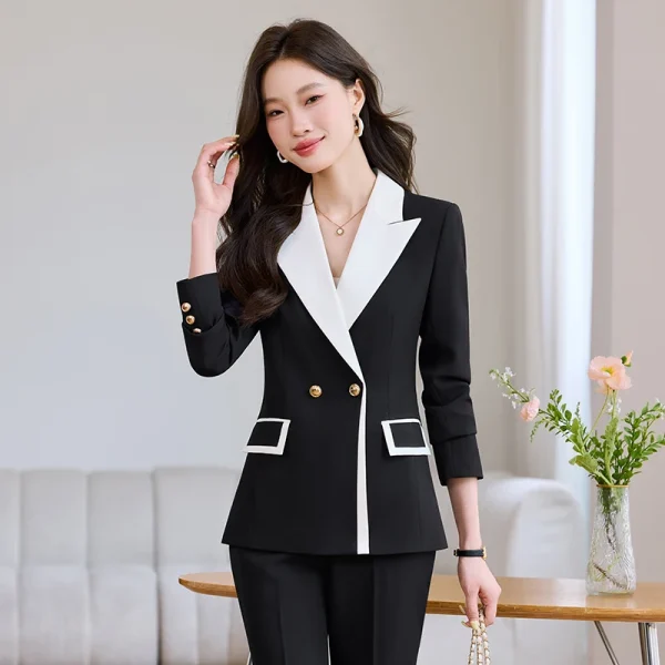 NAVIU Moda Khaki Nero Bianco Pantalone da donna Set da 2 pezzi Office Ladies Donna Business Abbigliamento da lavoro Giacca formale e pantaloni 3