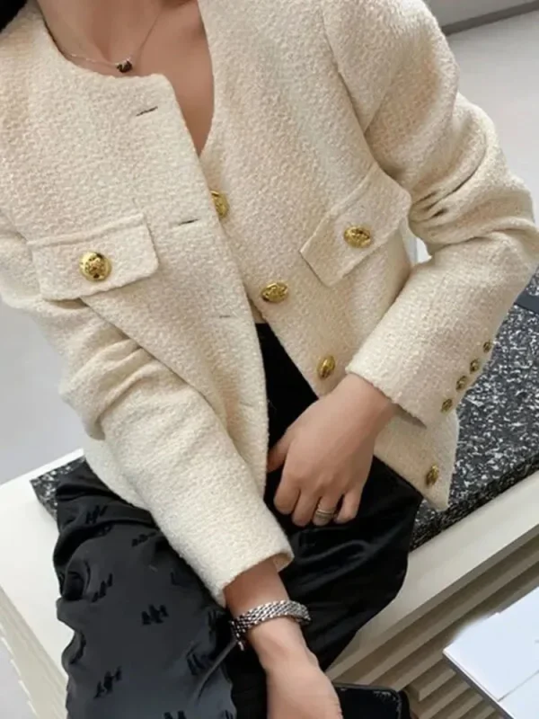 Semplice solido inghilterra giacca di Tweed donna bottoni eleganti manica lunga cappotto dolce Casual O collo moda sciolto autunno inverno Top 1