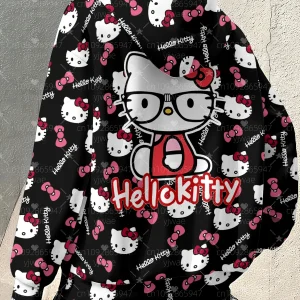 Felpa con cappuccio da donna autunno 2025 felpa con stampa floreale Hello Kitty allentata all'aperto Felpa con cappuccio All-Match Femmine Ragazza Top Abbigliamento donna 1