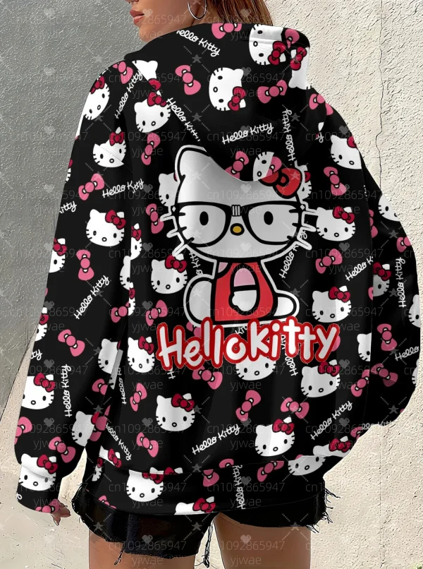 Felpa con cappuccio da donna autunno 2025 felpa con stampa floreale Hello Kitty allentata all'aperto Felpa con cappuccio All-Match Femmine Ragazza Top Abbigliamento donna 1