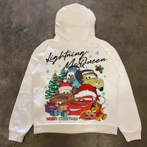 Felpa con cappuccio Disney Cars Christmas Lightning McQueen, stampa festosa di cartoni animati, top ampio casual a maniche lunghe autunno inverno unisex 1