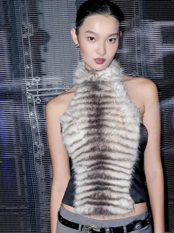 Nibber Backless Tiger Stripes Furry Canotte Donna Autunno Nuova Tendenza Sexy Halter Senza Maniche Patchwork Midnight Party Clubwear 1