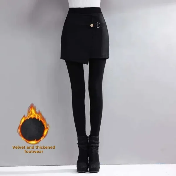 Leggings autunno inverno in pile ispessito Pantaloni base dimagranti integrati da donna con gonna Capispalla design finto in due pezzi 4