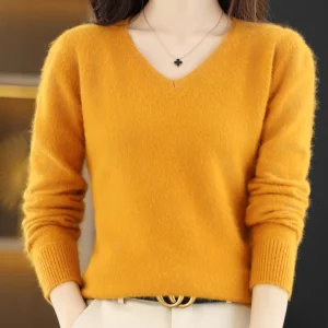 LHZSYY Super Caldo 100% Visone Cashmere Donna Maglioni Con Scollo A V E Pullover Inverno Alta Elasticità Morbidi Magliette E Camicette Casual Basic Jumper 1