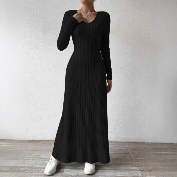 Abito streetwear a maniche lunghe lavorato a maglia alla moda per le donne Leviga e dimagrisce la tua silhouette Abito lungo in tinta unita 3