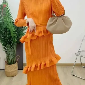 LANMREM Elegante Pieghettato Increspature Vestito Delle Donne Girocollo Cintura Raccolta Vita Abiti di Colore Solido Moda 2025 Primavera Nuovo 2AA3942 1