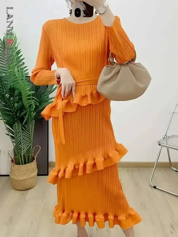 LANMREM Elegante Pieghettato Increspature Vestito Delle Donne Girocollo Cintura Raccolta Vita Abiti di Colore Solido Moda 2025 Primavera Nuovo 2AA3942 1