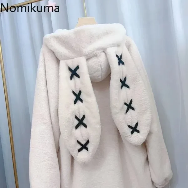 2025 Abbigliamento invernale Giacche da donna Harajuku Orecchie di coniglio Punk Cappotti neri Cerniera pelosa addensata Oversize Y2k Top Ropa Mujer 6