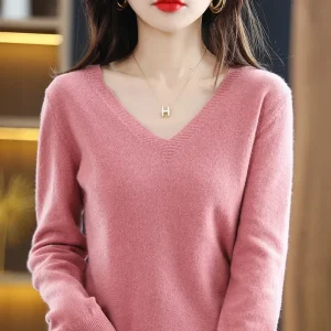 Autunno Inverno Donna Maglione 2025 Maglieria moda coreana Caldo manica lunga con scollo a V Pullover in maglia Slim Fit Camicia che tocca il fondo Maglione 1